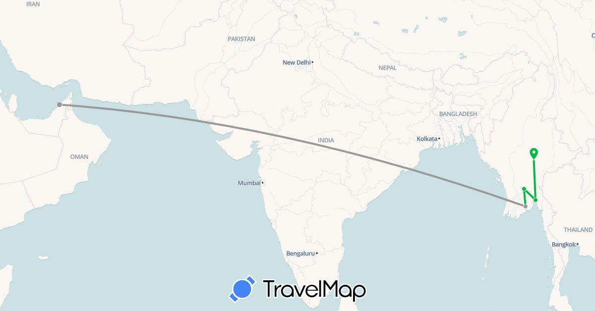 TravelMap itinerary: driving, bus, plane in United Arab Emirates, Myanmar (Burma) (Asia)